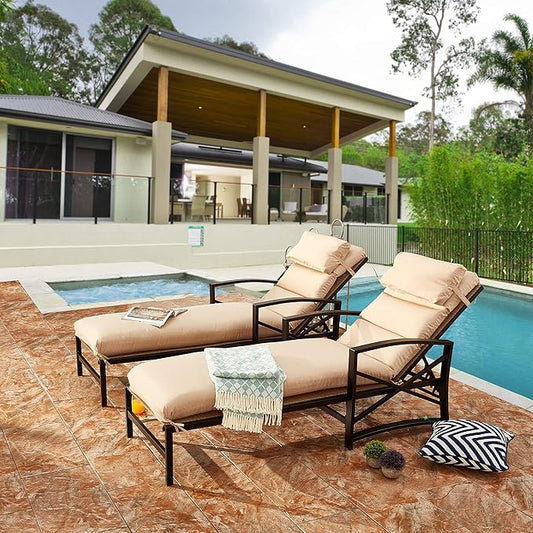 LOKATSE HOME Outdoor Patio Chaise Lounge Chair with Adjustable Backrest and Arms Metal Lounger Furniture All Weather, Khaki