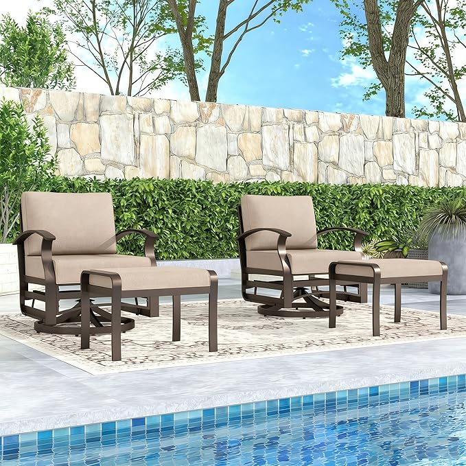Gotland 4 Piece Patio Set, Metal Outdoor Swivel Chairs Set of 2 with 2 Ottoman 5.1’’ High-Resilience Seat Cushions Removable Cushions, Aluminum Patio Furniture Set for Lawn, Porch, Balcony, Khaki