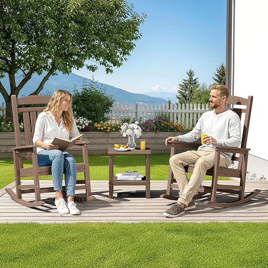 SERWALL HDPE Outdoor Rocking Chair Set of 2, Patio Rocking Chairs, All-Weather Porch Rockers for Adults, Brown