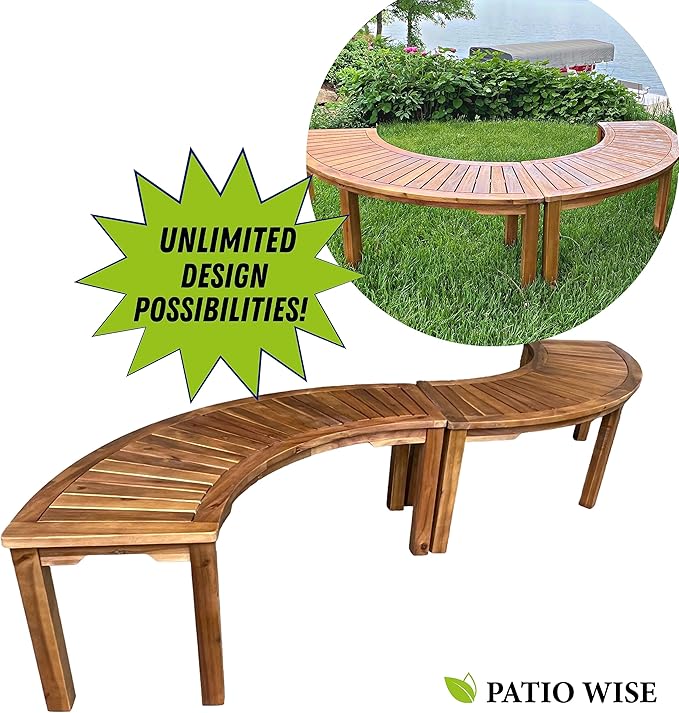 Patio Wise Acacia Wood Outdoor Curved Bench for Fire Pit Seating – 6-Foot Backless Round Bench for Patio, Porch, Park, or Dining Table, 57" L x 16" W x 17.75" H, Teak Color
