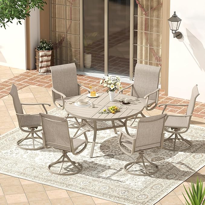 VICLLAX 47.2" Round Patio Dining Table for 4-6, All Weather Metal Outdoor Table with 1.57" Umbrella Hole and Storage Shelf for Garden Lawn Deck, Sandshell