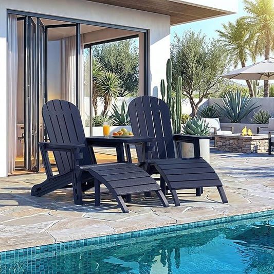 Vongrasig Adirondack Chairs Set of 2 with Removable Tabletop and Footrest, All-Weather HDPE Outdoor Chair Set with Wooden Textured, Cup Holder for Patio, Poolside, Deck, Garden, Dark Blue