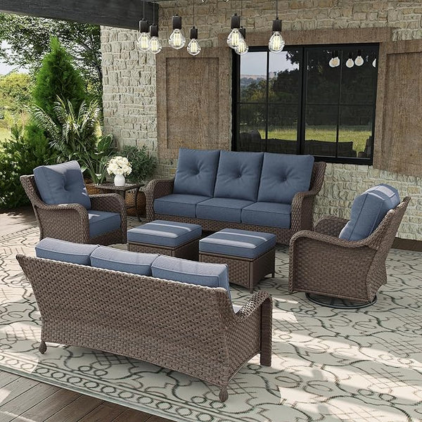 7 Piece Patio Furniture Set, All-Weather Wicker Outdoor Conversation Set with Swivel Rocking Chair and 6 Inch Thick - Photo 1