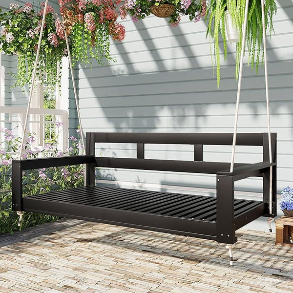 Merax Patio Wooden Twin Size Porch Swing Daybed Frame, Farmhouse Swing Bench Chair with 4 Hanging Ropes for Backyard - Photo 1
