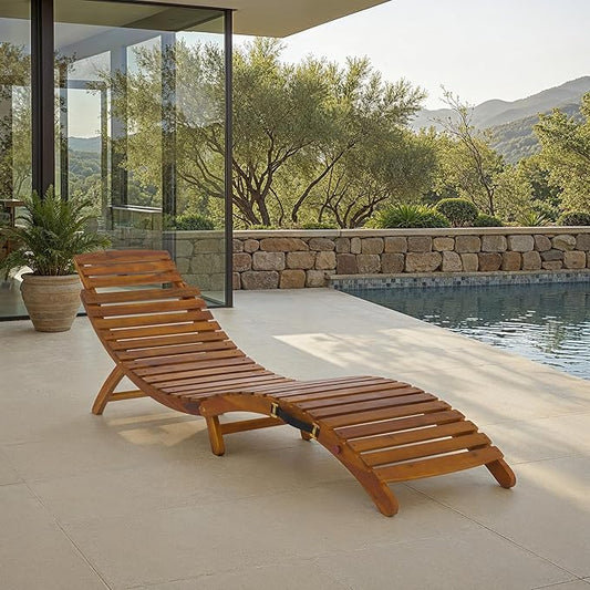 SAFAVIEH Outdoor Patio Furniture Collection - Fanty Brown Solid Wood Folding Chaise Lounge Chair, Slatted Teak-Style Design, Portable Sun Lounger with No Cushion (PAT6803A)