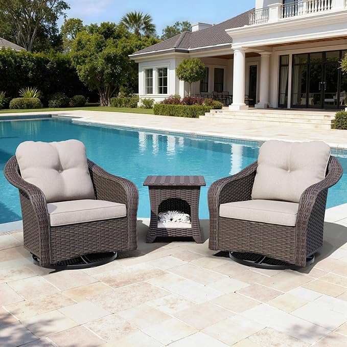 Wicker Swivel Rocking Chairs Set 2 with Storage Side Table - Outdoor Brown Wicker Swivel Glider Chair Outdoor Rocking Chair with Water-Resistant Cushions, Beige