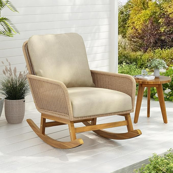 Outdoor Wooden Rocking Chair, Patio Rocking Chair with Soft Cushions & Wood Leg - Photo 1