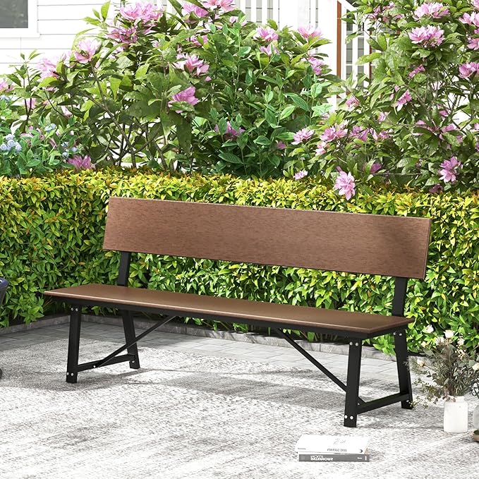 Giantex 72 Inches Outdoor Bench with Weatherproof HDPE Backrest & Seat, Heavy Duty Metal Frame, 1100 Lbs Capacity, Park Bench for 4-Person, Lawn, Porch, Deck, Patio (2, Brown)