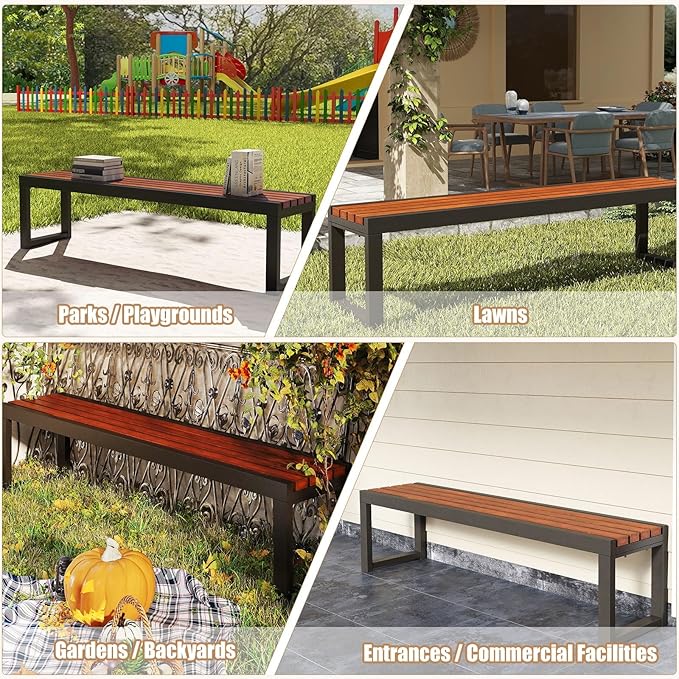 Outdoor Garden Bench with Wooden Seat & Iron Frame, All-Weather Outside Benches Heavy Duty Patio Bench for Lawn Porch Yard Park, 880lb Capacity 15.4×17.7in (WxH) Easy Assembly 47.24x15.4x17.7IN