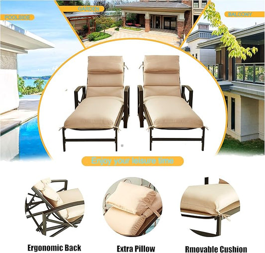 LOKATSE Home 2 Pieces Outdoor Patio Chaise Lounge Chair Blue Removable Cushions and Pillows with Adjustable Backrest and Armres Reclining Chairs for Beach Poolside Balcony Backyard Garden
