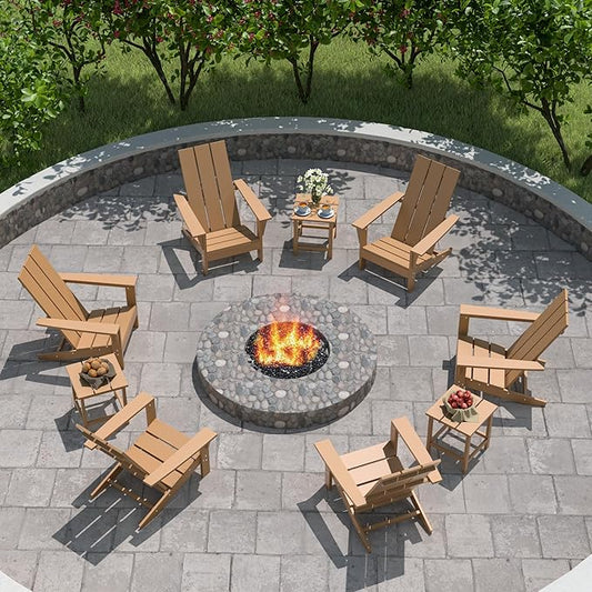 9 Pieces Adirondack Chair Set Outdoor Adirondack Chair Plastic HDPE All-Weather Adirondack Chairs Outdoor Fire Pit Chairs with Table for Deck Patio Garden(Brown)