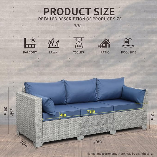 WAROOM Outdoor Couch 3 Seater Wicker Patio Sofa Grey Rattan Balcony Furniture Deep Seat Porch Seating, Navy Blue Cushion