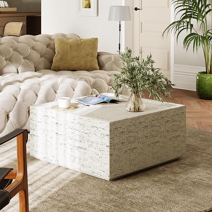 UPHA 28" Square Outdoor Coffee Table, Modern Hollow Concrete Patio Table, Small Minimalist Low Accent Table for Living Room, Balcony, Deck, Backyard, Off-White