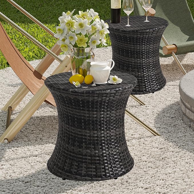 Sundale Outdoor Small Side Table Patio Rattan End Table 20 Inch Hourglass Wicker Accent Tables Steel Frame Lightweight Dark Grey