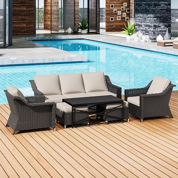 6 Pieces Outdoor Conversation Furniture Set - 77" Patio Sofa, 2 Armchairs, 2 Ottomans, 1 Metal Table - Photo 1