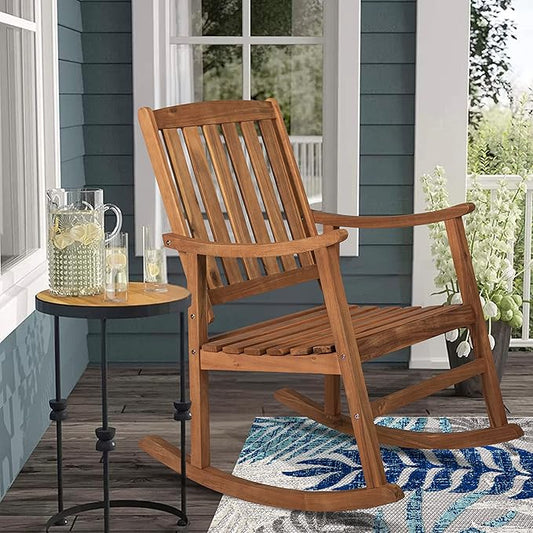 Eyely KCR102A Winnie Classic Slat-Back 300-Lbs Support Acacia Wood Patio Outdoor Rocking Chair for Garden, Lawn, Backyard, Pool, Deck, Beach, Firepit, Teak