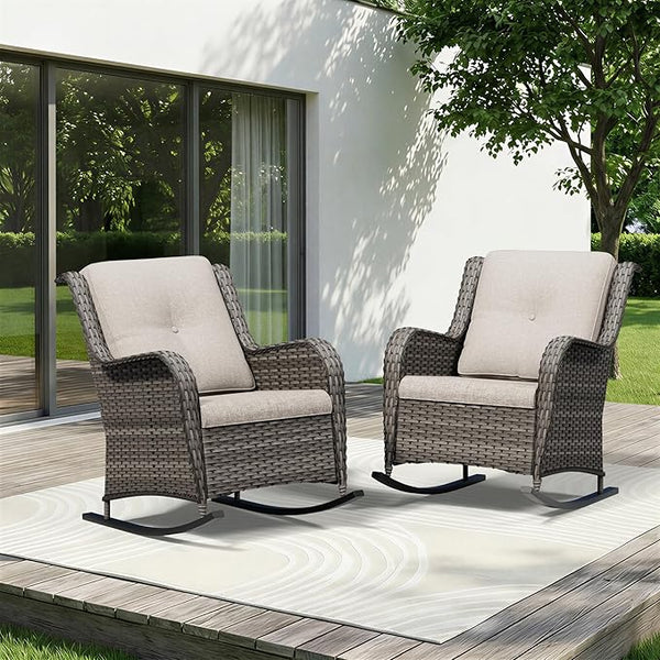 Patio Rocking Chairs Set of 2, Outdoor Wicker Patio Furniture Set 2 Pieces with Thickened Olefin Cushions - Photo 1