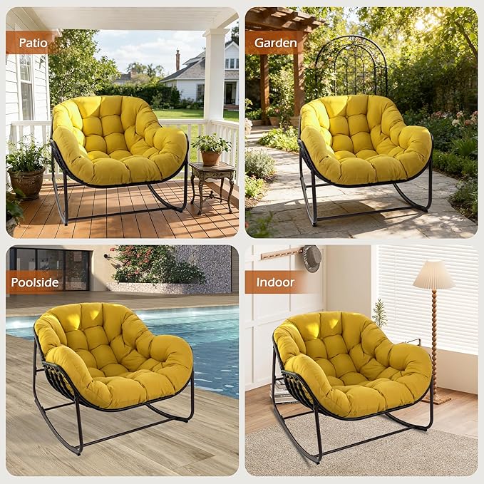 Papasan Rocking Chair Indoor & Outdoor, Oversized Egg-Shaped Papasan Rocker with Cushion & Pillow, All-Weather Wicker Patio Lounge Chair for Garden, Porch, Living Room (Yellow)