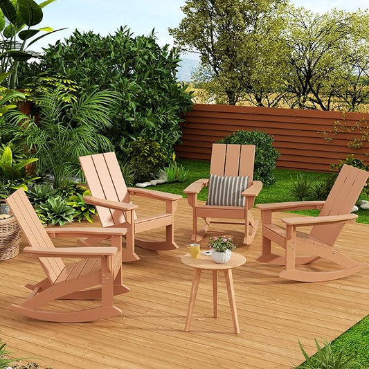 WestinTrends Ashore Patio Rocking Chairs Set of 4, All Weather Poly Lumber Plank Adirondack Rocker Chair, Modern Farmhouse Outdoor Rocking Chairs for Porch Garden Backyard and Indoor, Teak