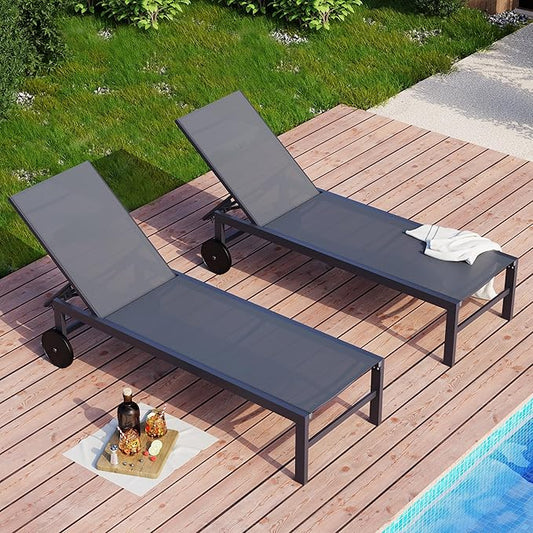 SUNLEI Patio Chaise Lounge Outdoor Set of 2, Pool Lounge Chairs for Outside w/5-Position Adjustable Backrest & All Weather, Tanning Recliner Chair for Pool Beach Deck (Dark Grey, 4 Pieces)