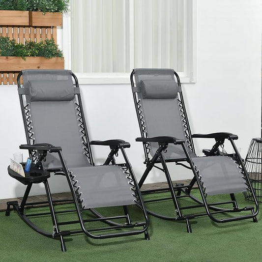 Outsunny Set of 2 Outdoor Rocking Chairs, Foldable Reclining Zero Gravity Lounge Rocker with Pillow, Cup & Phone Holder, Combo Design with Folding Legs, Gray
