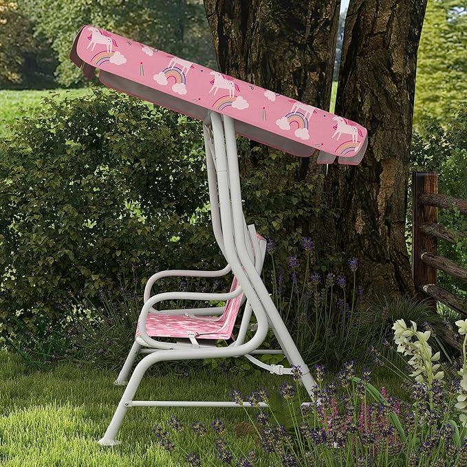 Qaba Kids Patio Swing, 2-Seater Outdoor Porch Swing Chair with Adjustable Canopy, Safety Belt, Unicorn & Rainbow Pattern Hanging Swing Bench for Garden, Backyard, Pink