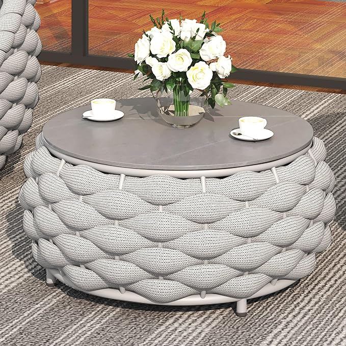 TWT Outdoor Coffee Table Round Centerpiece Table, Lightweight Accent Table with Hand Woven Rope Decor for Garden and Patio(Polyester Rope, Light Grey)