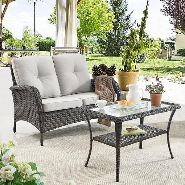 Belord Outdoor Wicker Loveseat with Coffee Table - Photo 1