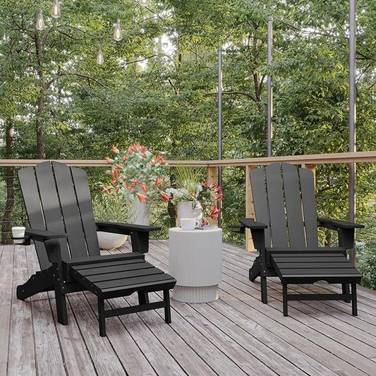 Flash Furniture Newport Adirondack Cup Holder and Pull Out Ottoman, All-Weather HDPE Indoor/Outdoor Lounge Chair, Set of 2, Gray