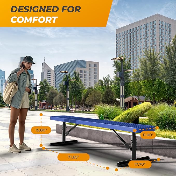 Heavy-Duty Outdoor Metal Bench, Thermoplastic-Coated, Portable, Weatherproof, Commercial-Grade for Parks, Gardens, Patios, Stores & More (6 Ft - Portable, Blue)