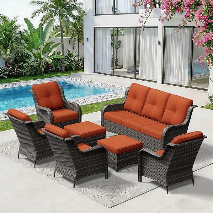 7 Piece Outdoor Wicker Patio Furniture Set, Patio Chairs Set with Thickened Olefin Cushions, High Back and Deep Seating, Hand-Woven PE Rattan, Ottoman for Porch, Deck