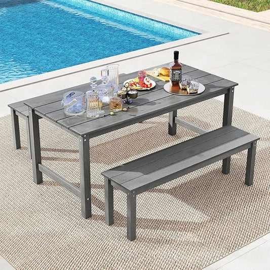 Tangkula 3 Pieces Outdoor HDPE Dining Table Set with 2 Benches, Weather Resistant Patio Furniture Set with 1.77” Umbrella Hole and Wood-Like Surface for Garden, Backyard and Poolside (Gray, 3 Pcs)