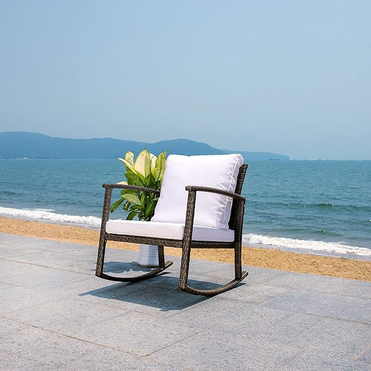 SAFAVIEH Outdoor Collection Daire Woven Grey Brown/White Cushion Rocking Chair for Patio Porch Backyard Sunroom