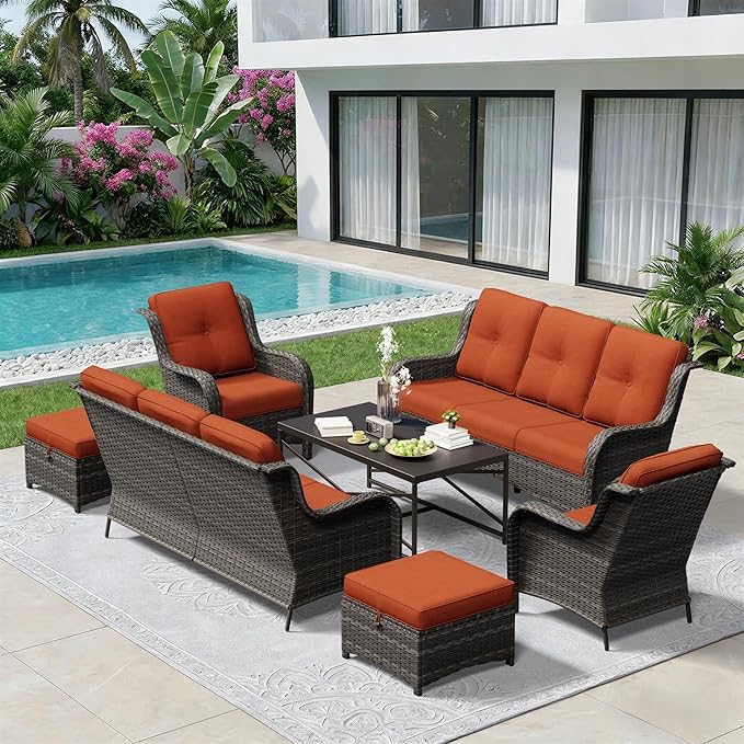 7 Piece Outdoor Wicker Patio Furniture Set, Patio Chairs Set with Thickened Olefin Cushions, High Back and Deep Seating, Hand-Woven PE Rattan, Ottoman for Porch, Deck