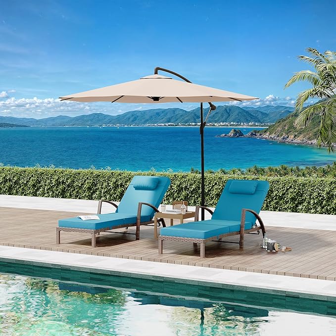 Outdoor Chaise Lounge Set of 2 Rattan Patio Folding Chaise Lounge Adjustable 5 Position Back Patio Pool Lounge Chair with Cushion Pillow for Poolside Backyard Deck Porch Peacock Blue