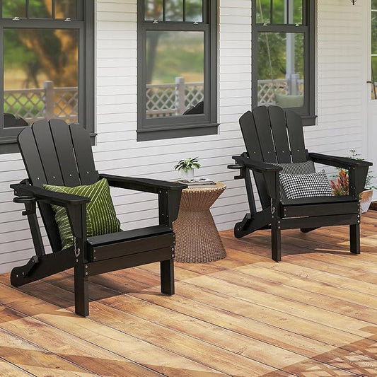 Domi Folding Adirondack Chairs Set of 2, HDPE All-Weather Outdoor Chairs with Cup Holder, Wooden Textured Fire Pit Chairs for Backyard, Patio, Poolside & Deck, Black