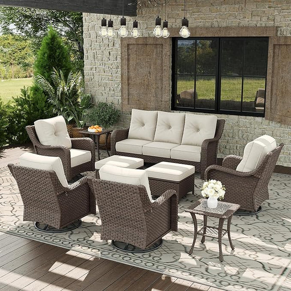 9 Piece Patio Furniture Set, All-Weather Wicker Outdoor Conversation Set with Swivel Rocking Chair and 6 Inch Thick - Photo 1