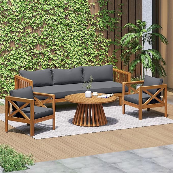 Merax Outdoor 4-Piece Acacia Wood Conversation Set - Patio 3-Seat Loveseat Sofa w/Coushion - Photo 1