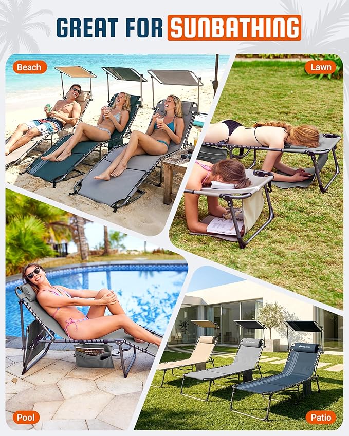 KingCamp Lounge Chair with face Hole & Canopy Shade, 400LBS Folding Portable Tanning Chair with face Hole, Adjustable 5-Position Foldable Beach Sun Tanning Chair for Outside Beach Patio Outdoor Pool