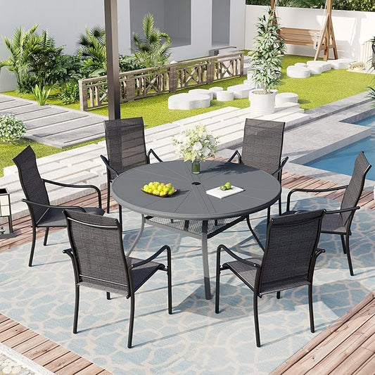 Outdoor Patio Round Dining Table for 6, 47.3" x 47.3" Sleek Aluminum Dining Table with Umbrella Hole for Backyard Garden Lawn Deck, Dark Grey
