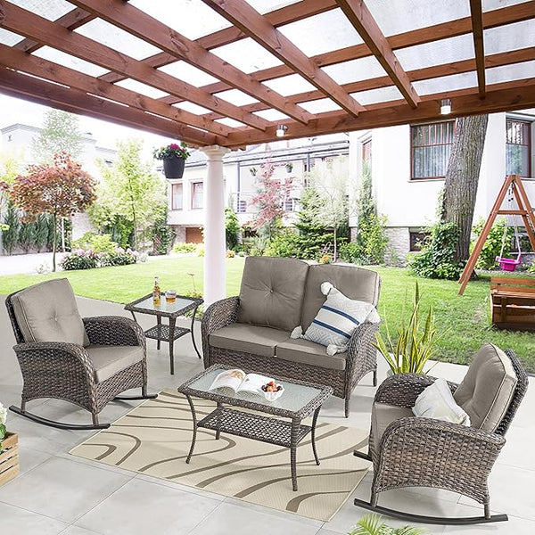 Belord Patio Wicker Furniture with Rocking Chairs Loveseat - Photo 1