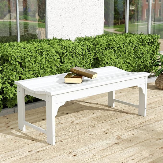 WO Home Furniture Outdoor 46" Backless HDPE Adirondack Bench, Poly Lumber Seat for Patio, Backyard, Balcony, All Weather Resistant with UV Protection, White