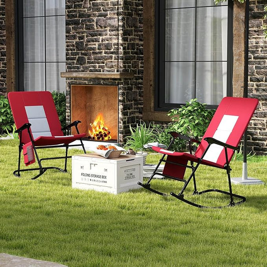 Goplus Oversized Folding Rocking Chair, Padded Patio Lounge Rocker w/Metal Frame, Armrests, Side Pocket, Lightweight Portable Rocking Chair for Backyard Camping Travel, Supports up to 500 lbs(1,Red)