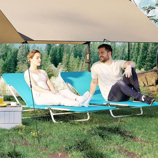 GYMAX Tanning Chair, 2Pcs Folding Beach Chairs with Adjustable Backrest, Footrest, 330lbs Capacity & Shoulder Strap, Portable Layout Sunbathing Loungers for Outside, Patio, Poolside (Turquoise)