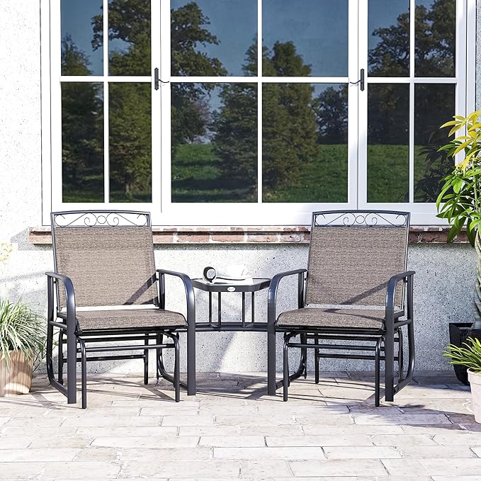 Outsunny Outdoor Glider Chairs with Coffee Table, Patio 2-Seat Rocking Chair Swing with Breathable Sling for Backyard, Garden and Porch, Brown