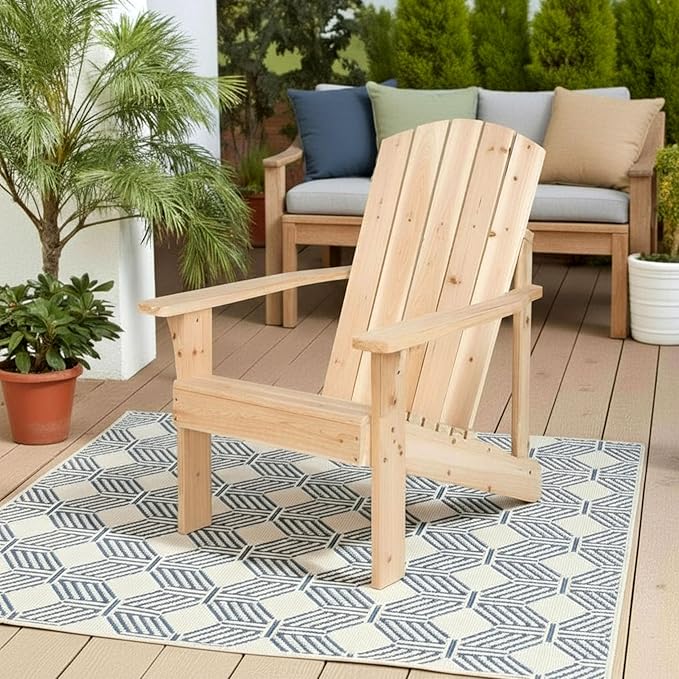 Shine Company Mid-Century Modern Wooden Adirondack Chair, Outdoor Patio Firepit Chairs, Back & Seat Pre-Assembled, Natural