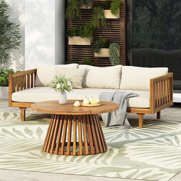 Merax Outdoor Acacia Wood Conversation Set - Patio 3-Seat Loveseat Sofa w/Coushion and Round Coffee Table for Backyard - Photo 1