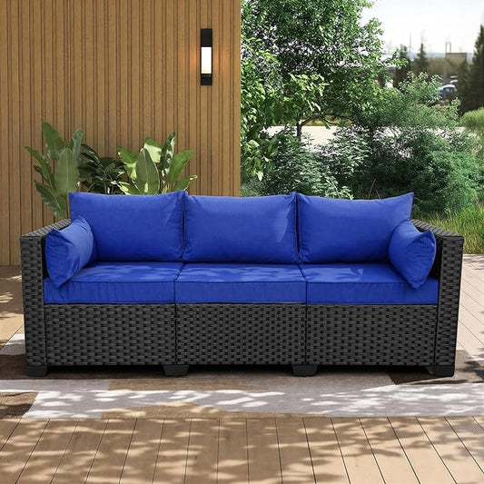 3-Seat Patio PE Wicker Sofa, Outdoor Rattan Couch Furniture Steel Frame with Furniture Cover and Deep Seat High Back, Royal Blue Anti-Slip Cushion