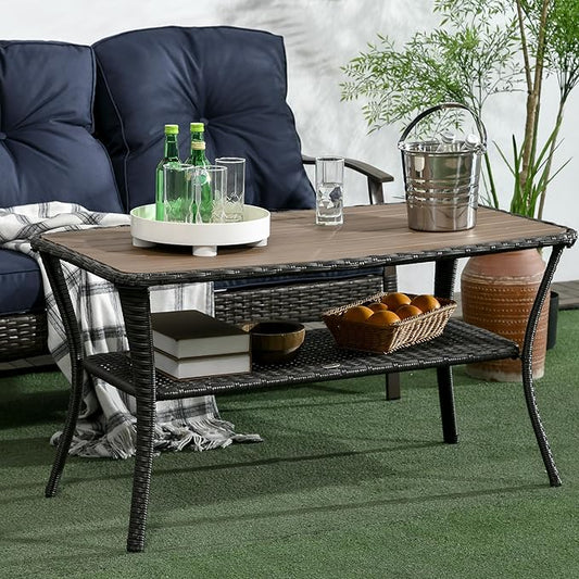 Outsunny PE Rattan Outdoor Coffee Table with Storage, 2-Layer Wicker Side Table, Patio Storage Table with Wood-Plastic Composite Top for Garden, Porch, Backyard, Mixed Brown
