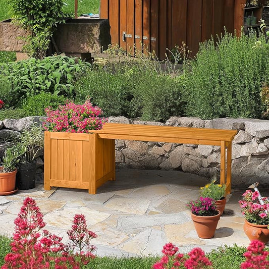 VINGLI Outdoor Wood Bench with Planter Boxes, 2-in-1 All-Weather Porch Bench Seat & Open-Ended Wooden Raised Garden Bed, for Balcony Yard Patio (1 Box)